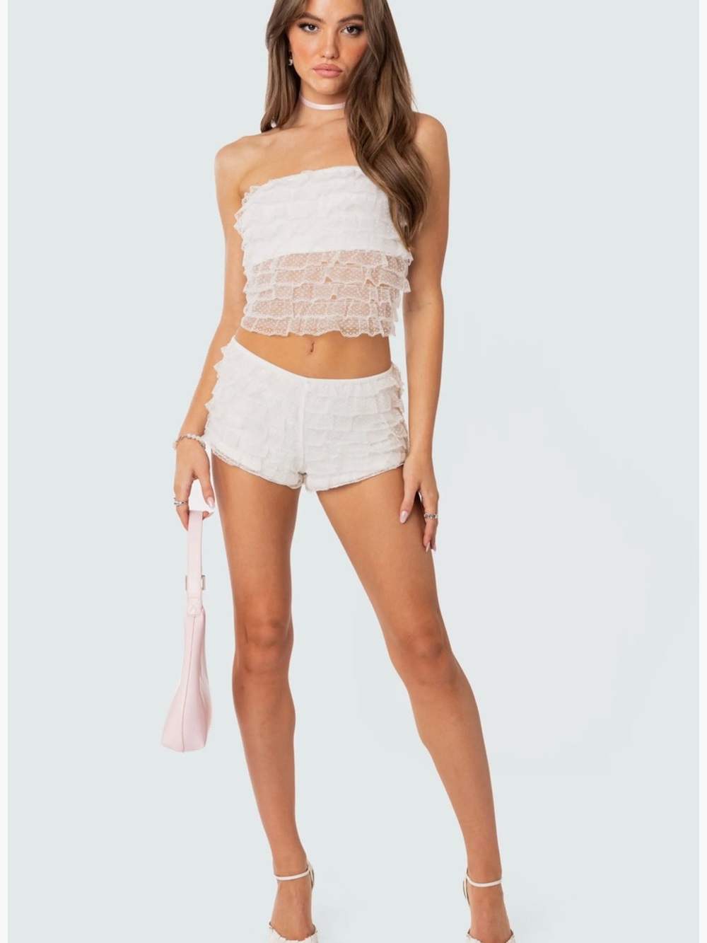Edikted White Layered Lace Ruffle Shorts